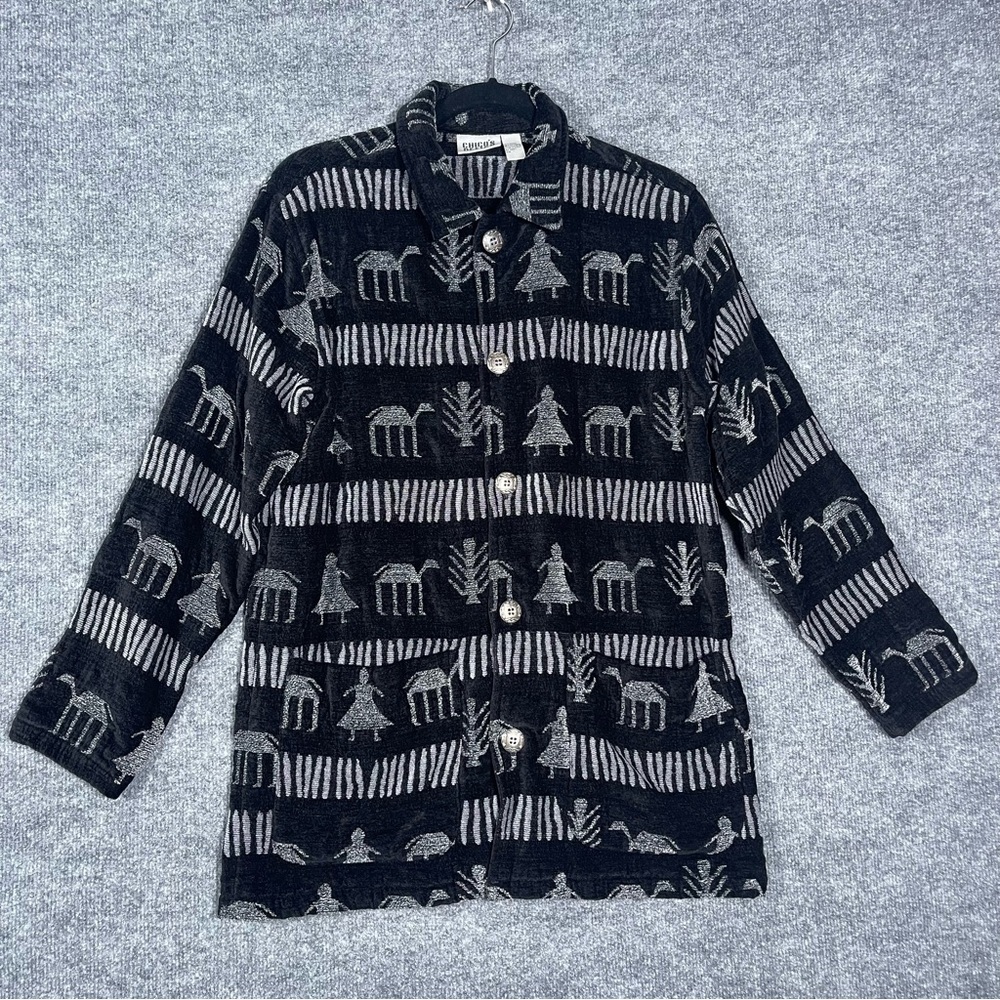 Chicos 1 Women’s Small Black Button Down Jacket Tribal Aztec Art Wear‎ Lagenlook